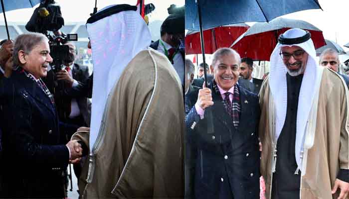Prime-Minister-Muhammad-Shehbaz-Sharif-welcomes-the-Crown-Prince-of-Abu-Dhabi-H.E.-Sheikh-Khalid-Bin-Muhammad-Bin-Zayed-Al-Nahyan-at-Noor-Khan-Base